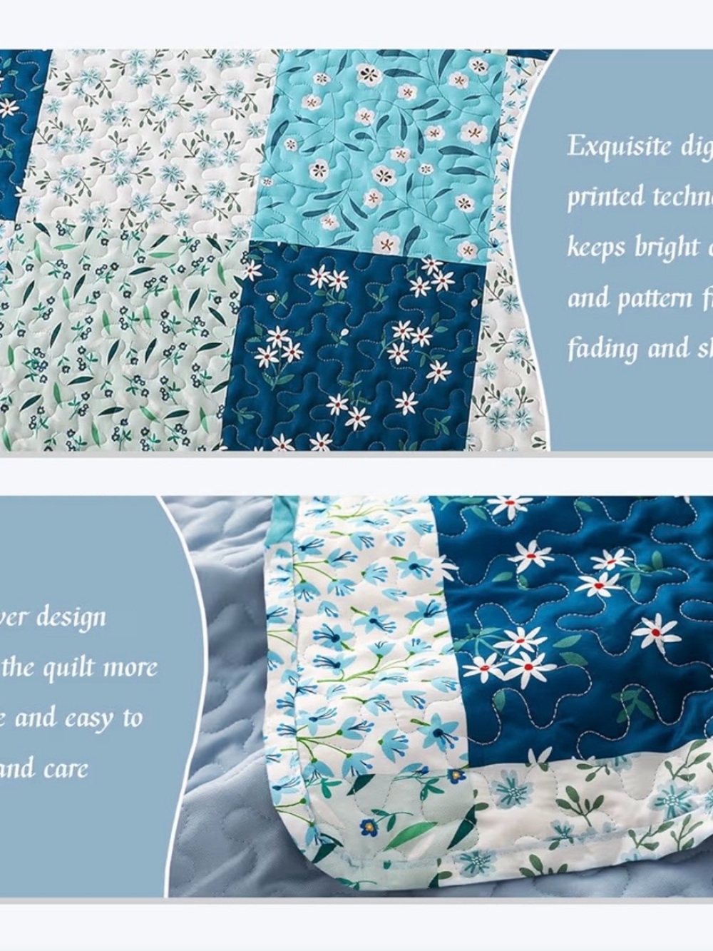 Blue Patchwork Floral Quilt Set with Pillow Shams - Picture 5 of 6